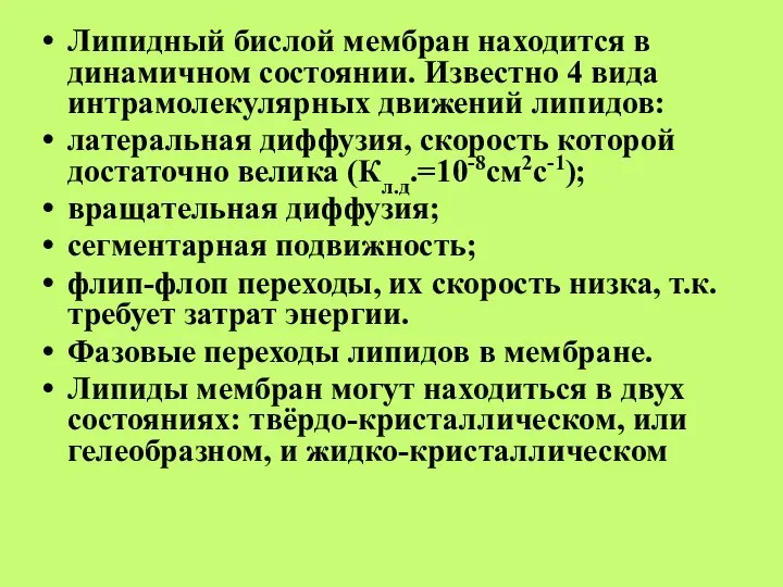 Липидный бислой мембран находится в динамичном состоянии. Известно 4 вида интрамолекулярных движений