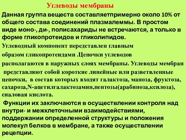 Углеводы мембраны Данная группа веществ составляетпримерно около 10% от общего состава соединений