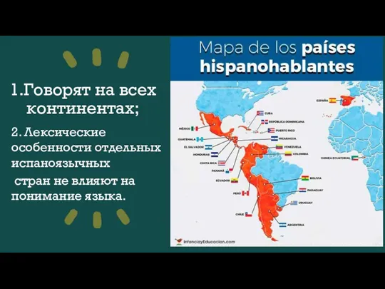1.Говорят на всех континентах; 2. Лексические особенности отдельных испаноязычных стран не влияют на понимание языка.