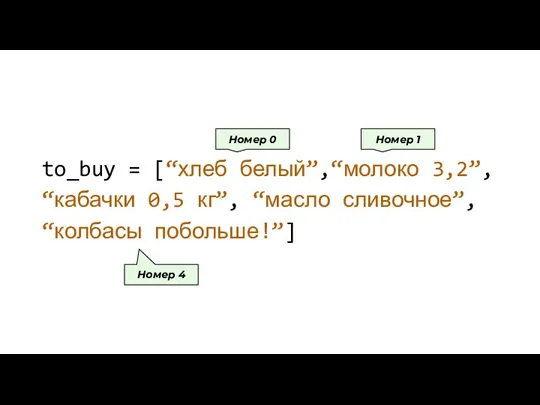 to_buy = [“хлеб белый”,“молоко 3,2”, “кабачки 0,5 кг”, “масло сливочное”, “колбасы побольше!”]