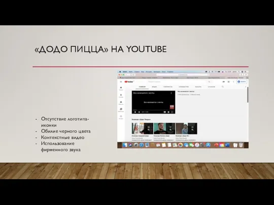 «ДОДО ПИЦЦА» НА YOUTUBE Отсутствие логотипа-иконки Обилие черного цвета Контекстные видео Использование фирменного звука