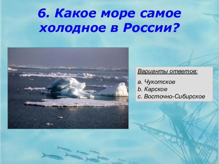 6. Какое море самое холодное в России? Варианты ответов: a. Чукотское b. Карское c. Восточно-Сибирское