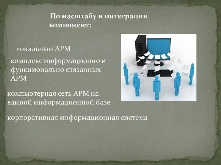 По масштабу и интеграции компонент: локальный АРМ комплекс информационно и функционально связанных