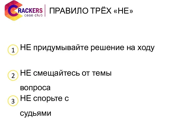 НЕ придумывайте решение на ходу НЕ смещайтесь от темы вопроса НЕ спорьте