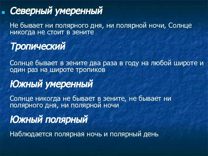 Северный умеренный Не бывает ни полярного дня, ни полярной ночи, Солнце никогда