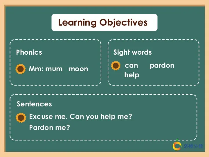 Learning Objectives Phonics Sight words Sentences Mm: mum moon Excuse me. Can
