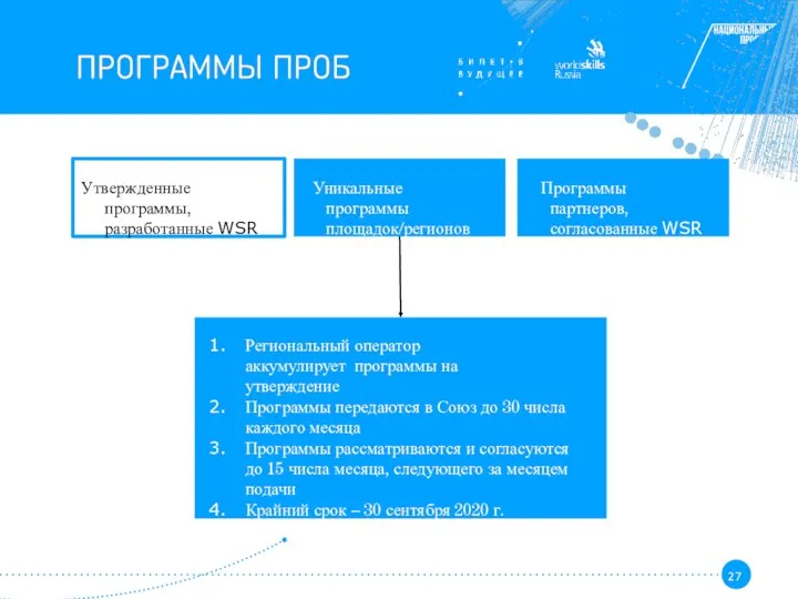 Утвержденные программы, разработанные WSR Уникальные программы площадок/регионов Программы партнеров, согласованные WSR Региональный