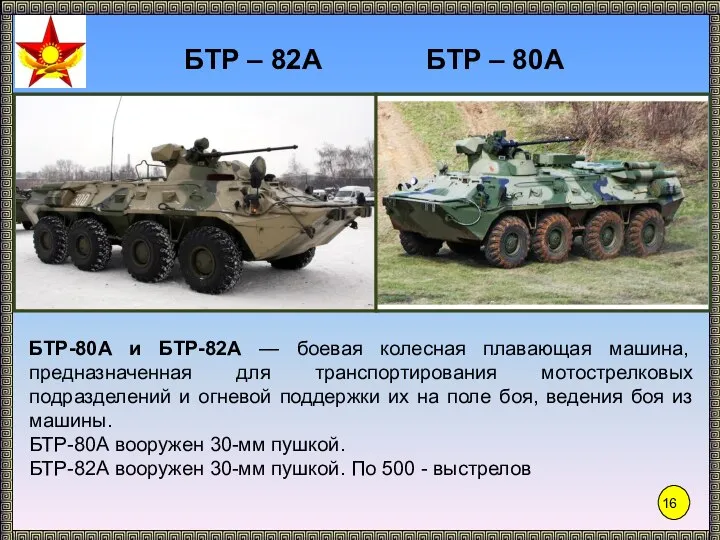 БТР – 82А БТР-80А и БТР-82А — боевая колесная плавающая машина, предназначенная