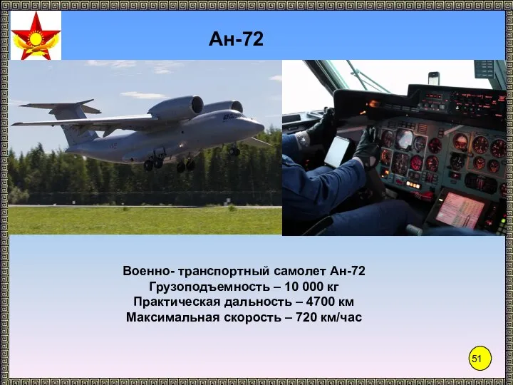 Ан-72 Военно- транспортный самолет Ан-72 Грузоподъемность – 10 000 кг Практическая дальность