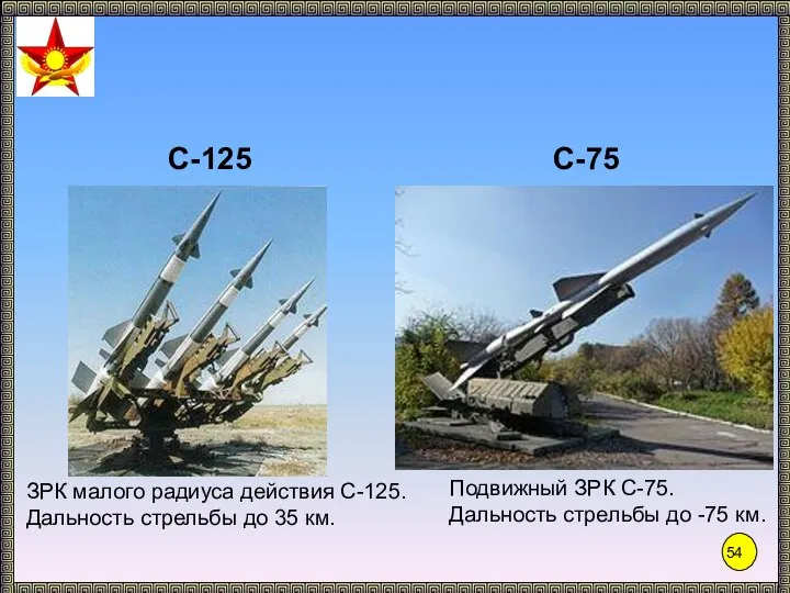 С-125 ЗРК малого радиуса действия С-125. Дальность стрельбы до 35 км. С-75