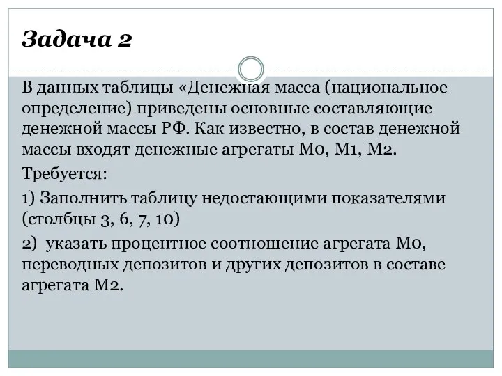 Задача 2 В данных таблицы «Денежная масса (национальное определение) приведены основные составляющие