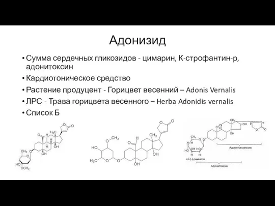 Адонизид Сумма сердечных гликозидов - цимарин, К-строфантин-р, адонитоксин Кардиотоническое средство Растение продуцент