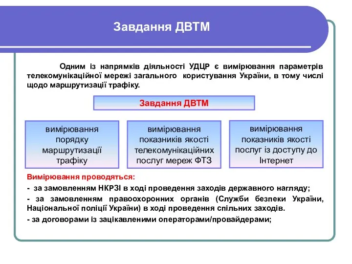 Завдання ДВТМ Одним із напрямків діяльності УДЦР є вимірювання параметрів телекомунікаційної мережі