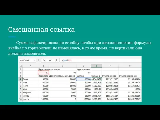 Смешанная ссылка Сумма зафиксирована по столбцу, чтобы при автозаполнении формулы ячейка по