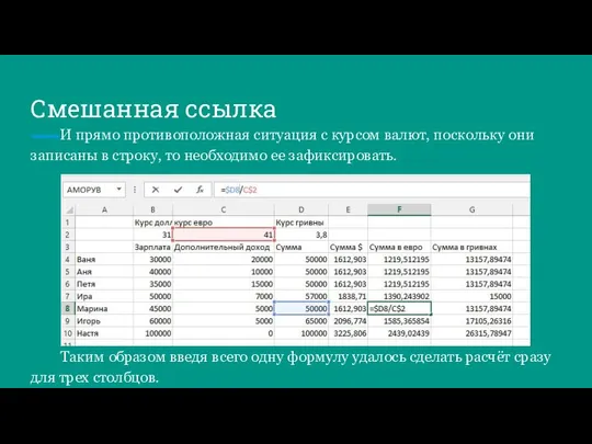 Смешанная ссылка И прямо противоположная ситуация с курсом валют, поскольку они записаны