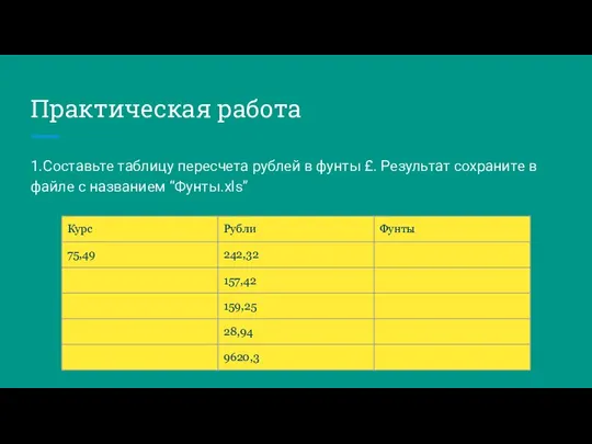 Практическая работа 1.Составьте таблицу пересчета рублей в фунты £. Результат сохраните в файле с названием “Фунты.xls”