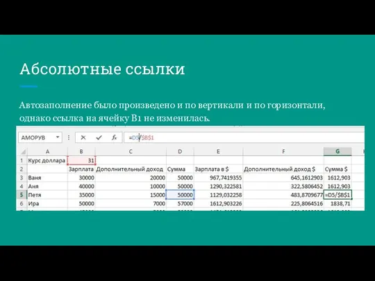 Абсолютные ссылки Автозаполнение было произведено и по вертикали и по горизонтали, однако