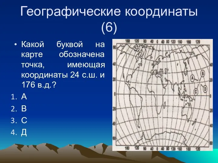 Географические координаты (6) Какой буквой на карте обозначена точка, имеющая координаты 24
