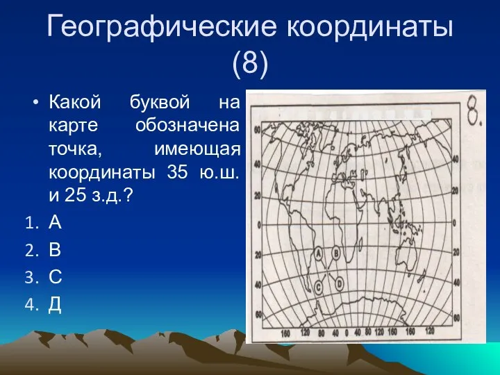Географические координаты (8) Какой буквой на карте обозначена точка, имеющая координаты 35