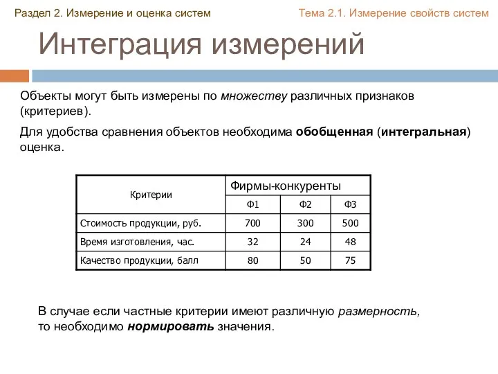 Интеграция измерений Объекты могут быть измерены по множеству различных признаков (критериев). Для