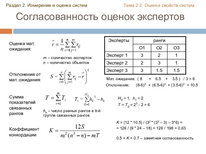 Согласованность оценок экспертов Оценка мат. ожидания: m – количество экспертов n –