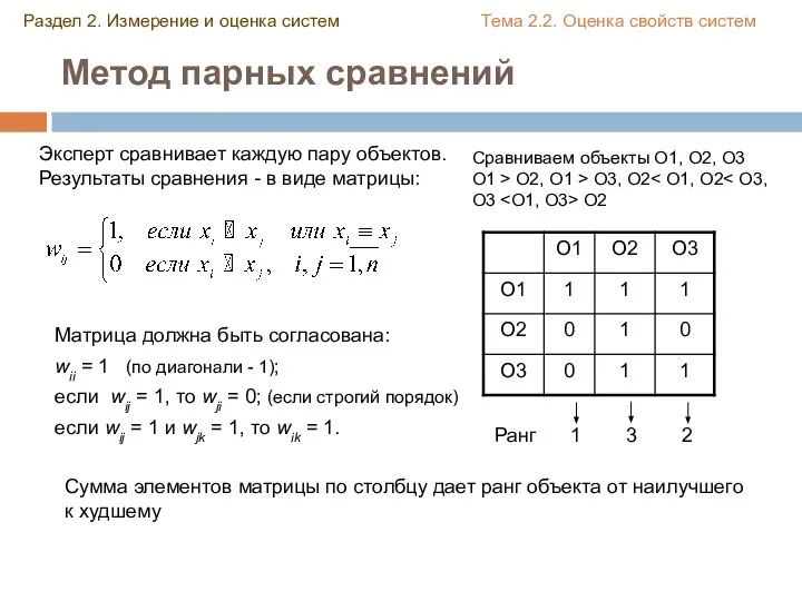 Метод парных сравнений Эксперт сравнивает каждую пару объектов. Результаты сравнения - в