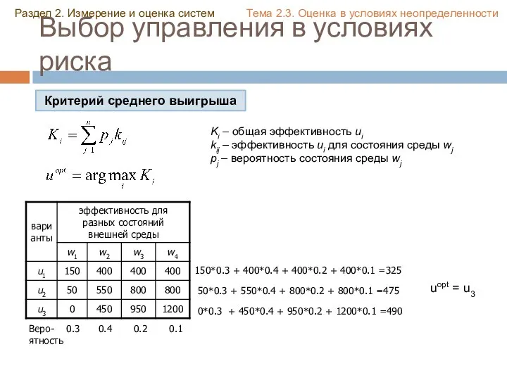 Выбор управления в условиях риска Критерий среднего выигрыша Ki – общая эффективность