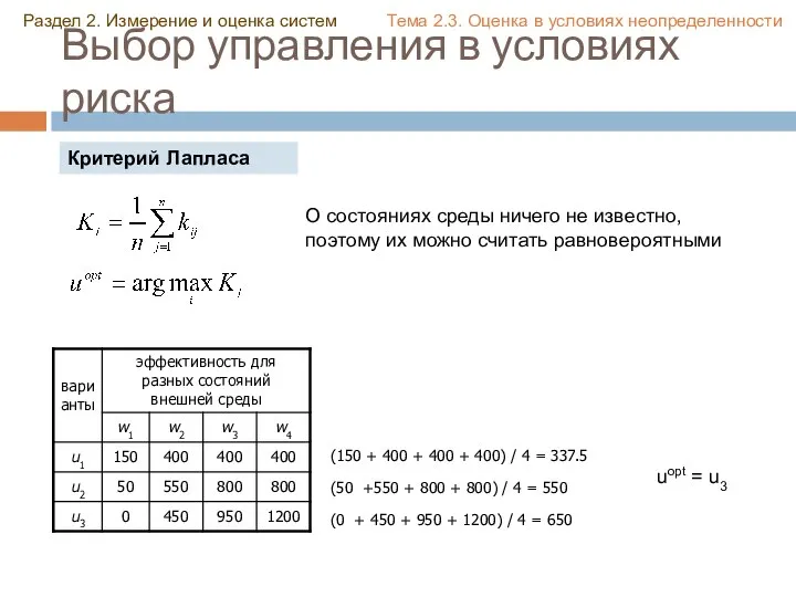 Выбор управления в условиях риска Раздел 2. Измерение и оценка систем Тема