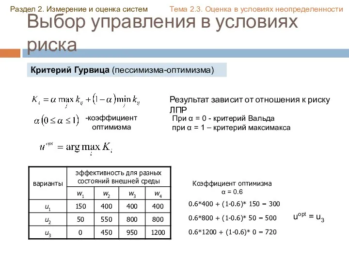 Выбор управления в условиях риска Раздел 2. Измерение и оценка систем Тема