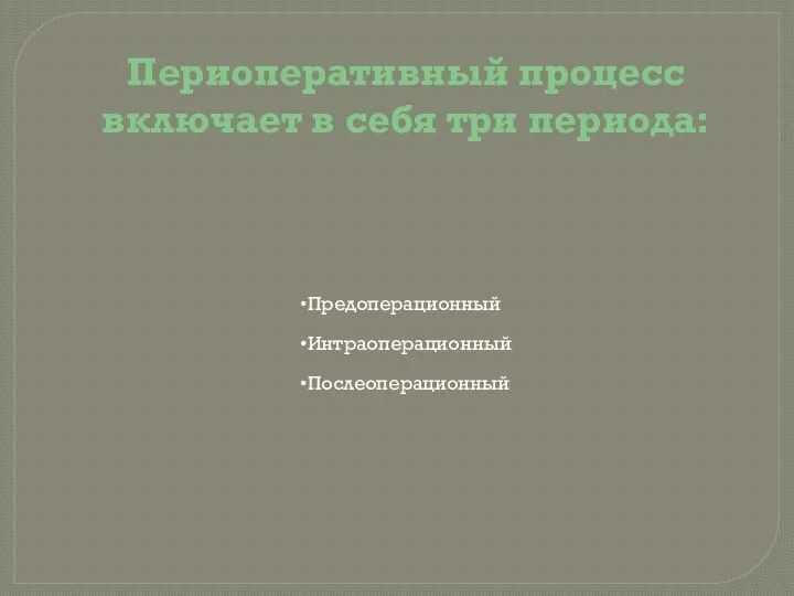 Предоперационный Интраоперационный Послеоперационный Периоперативный процесс включает в себя три периода: