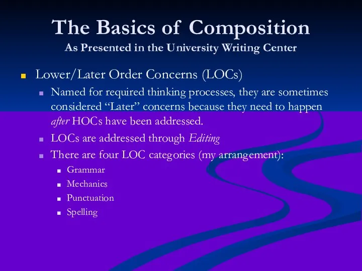 The Basics of Composition As Presented in the University Writing Center Lower/Later