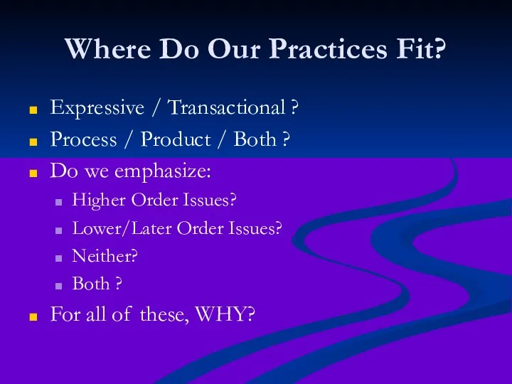 Where Do Our Practices Fit? Expressive / Transactional ? Process / Product