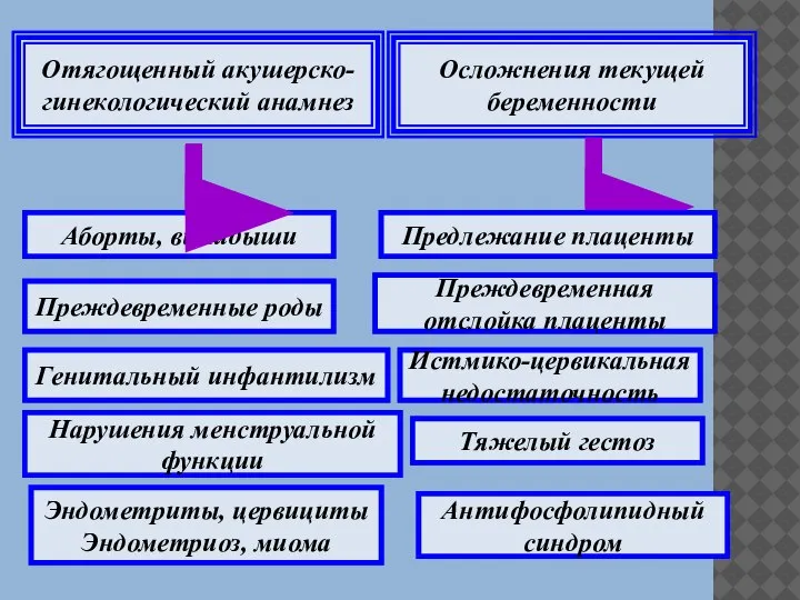 Отягощенный акушерско-гинекологический анамнез Аборты, выкидыши Преждевременные роды Нарушения менструальной функции Генитальный инфантилизм