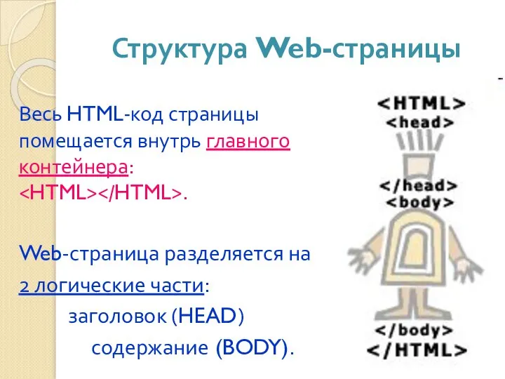 Структура Web-страницы Весь HTML-код страницы помещается внутрь главного контейнера: . Web-страница разделяется