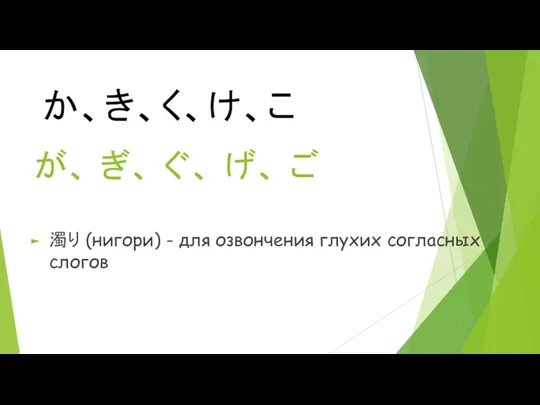 が、 ぎ、 ぐ、 げ、 ご 濁り (нигори) - для озвончения глухих согласных слогов か、き、く、け、こ