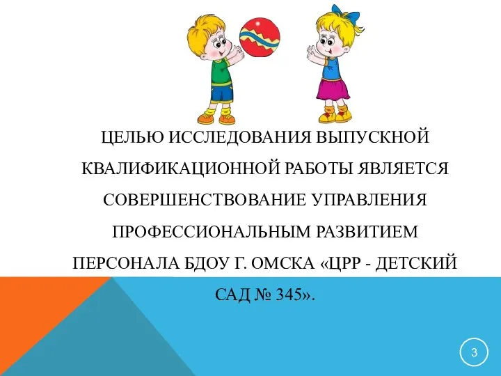 ЦЕЛЬЮ ИССЛЕДОВАНИЯ ВЫПУСКНОЙ КВАЛИФИКАЦИОННОЙ РАБОТЫ ЯВЛЯЕТСЯ СОВЕРШЕНСТВОВАНИЕ УПРАВЛЕНИЯ ПРОФЕССИОНАЛЬНЫМ РАЗВИТИЕМ ПЕРСОНАЛА БДОУ