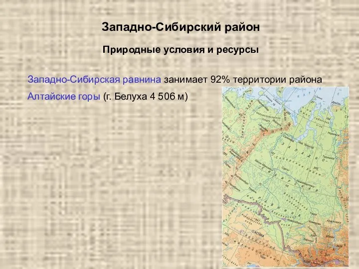 Западно-Сибирский район Западно-Сибирская равнина занимает 92% территории района Алтайские горы (г. Белуха