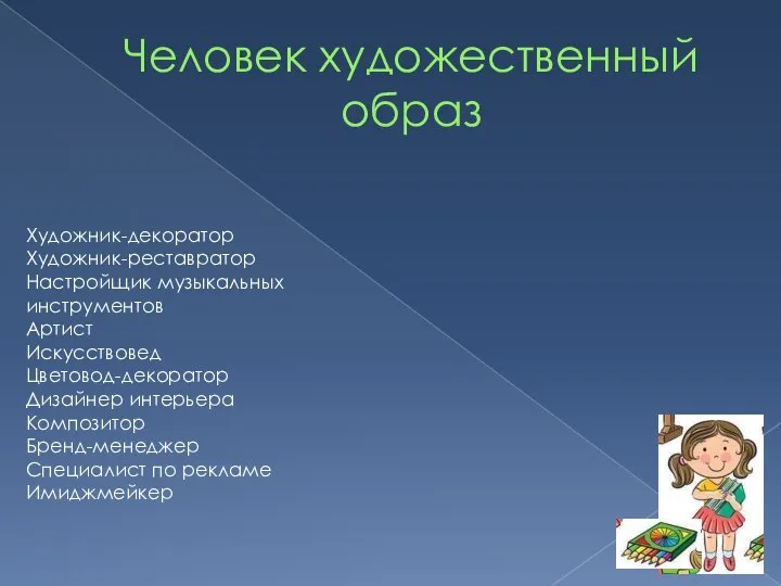 Человек художественный образ Художник-декоратор Художник-реставратор Настройщик музыкальных инструментов Артист Искусствовед Цветовод-декоратор Дизайнер