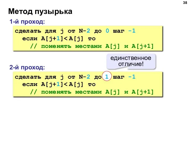 Метод пузырька 1-й проход: сделать для j от N-2 до 0 шаг