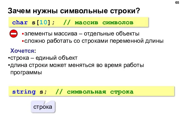 Зачем нужны символьные строки? char s[10]; // массив символов элементы массива –