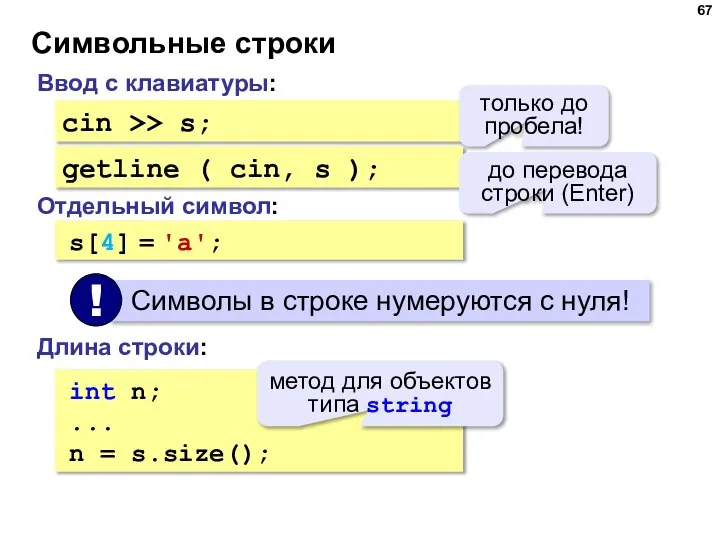 Символьные строки Ввод с клавиатуры: cin >> s; Отдельный символ: s[4] =