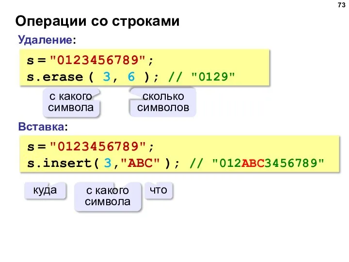 Операции со строками Вставка: s = "0123456789"; s.insert( 3,"ABC" ); // "012ABC3456789"