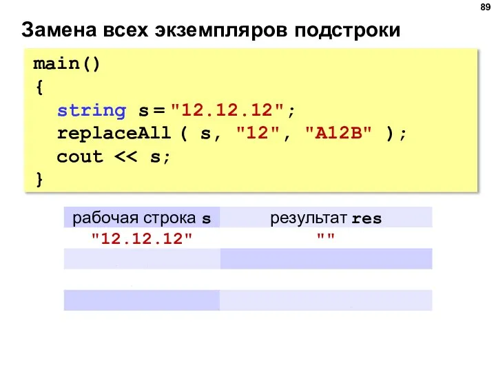 Замена всех экземпляров подстроки main() { string s = "12.12.12"; replaceAll (