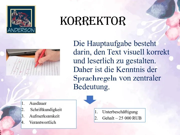 Die Hauptaufgabe besteht darin, den Text visuell korrekt und leserlich zu gestalten.