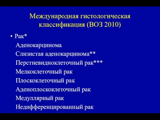 Международная гистологическая классификация (ВОЗ 2010) Рак* Аденокарцинома Слизистая аденокарцинома** Перстневидноклеточный рак*** Мелкоклеточный