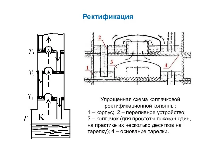 Ректификация Упрощенная схема колпачковой ректификационной колонны: 1 – корпус; 2 – переливное