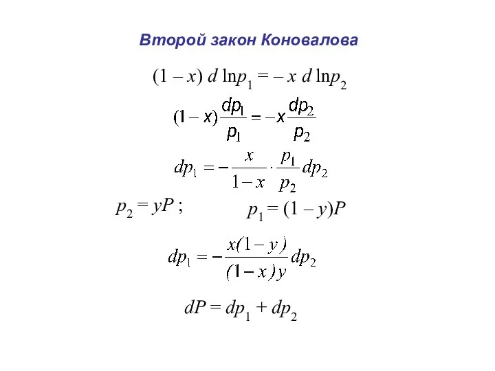 Второй закон Коновалова (1 – х) d lnp1 = – х d