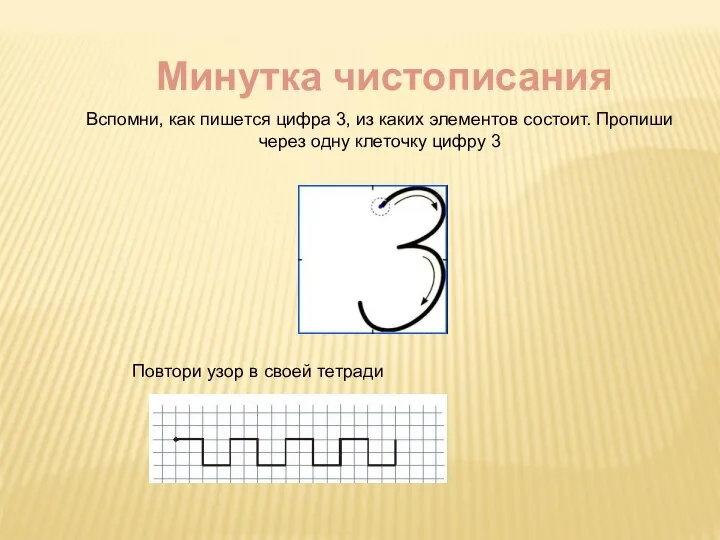 Минутка чистописания Вспомни, как пишется цифра 3, из каких элементов состоит. Пропиши