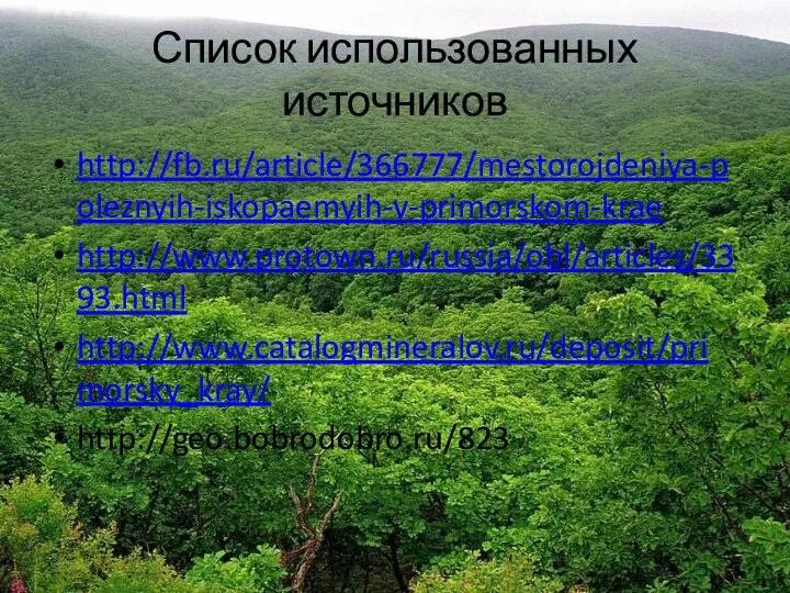 Список использованных источников http://fb.ru/article/366777/mestorojdeniya-poleznyih-iskopaemyih-v-primorskom-krae http://www.protown.ru/russia/obl/articles/3393.html http://www.catalogmineralov.ru/deposit/primorsky_kray/ http://geo.bobrodobro.ru/823