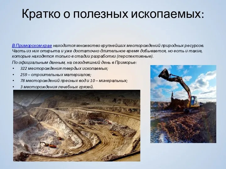 Кратко о полезных ископаемых: В Приморском крае находится множество крупнейших месторождений природных